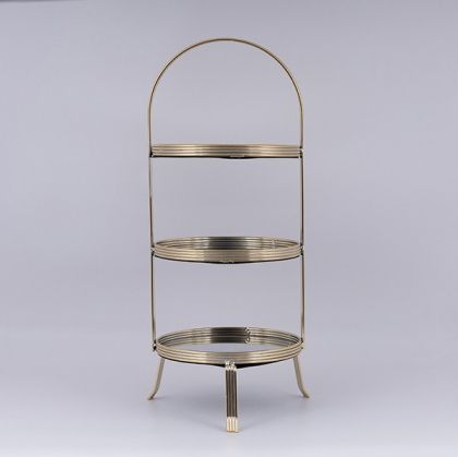 ДЕКОРАТИВНА ПОСТАВКА ЗА ТОРТА 3 ЕТАЖА ОТ ЧЕКЛО СЪС ЗЛАТНИ ДЕТАЙЛИ 20X51СМ