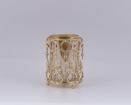 СТЪКЛЕН СВЕЩНИК С МЕТАЛНИ АКЦЕНТИ ЗЛАТИСТО 12X17СМ