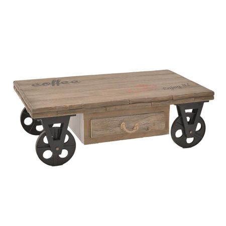 WOODEN COFFEE TABLE W/METAL WHEELS 123X73X41