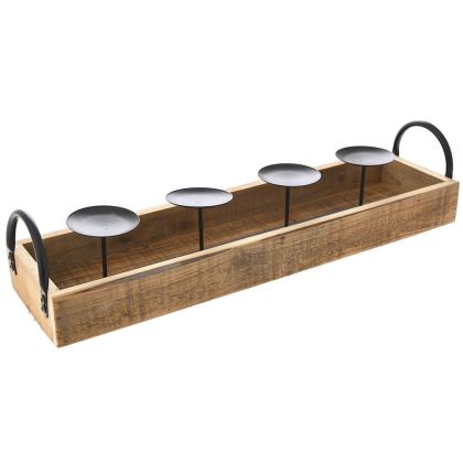 BLACK IRON CANDLEHOLDER ON WOODEN TRAY 58X15X12 CM