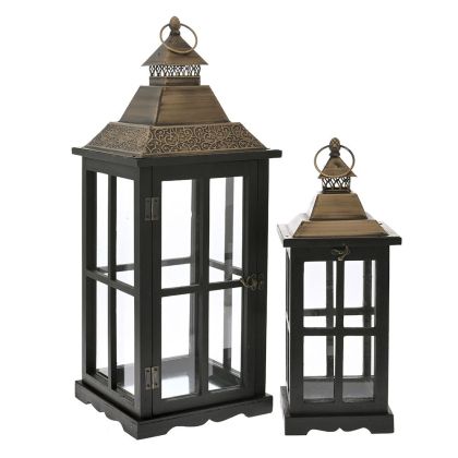 BLACK WOODEN LANTERN SET 2 25X25X67 17X17X47 CM. WITH COPPER METAL ROOFTOP