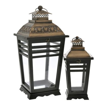 BLACK WOODEN LANTERN SET 2 26X26X58 17X17X39 CM. WITH COPPER METAL ROOFTOP