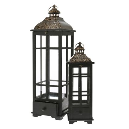 BLACK WOODEN LANTERN SET 2 26X26X91 19X19X60 CM. WITH COPPER METAL ROOFTOP