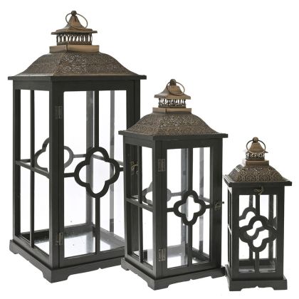 BLACK WOODEN LANTERN SET 3 32Χ32Χ79 24Χ24Χ61 17Χ17Χ43 CM. WITH COPPER METAL ROOFTOP