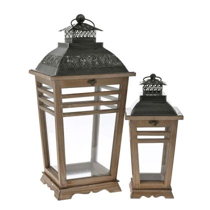 BROWN WOODEN LANTERN SET 2 26X26X58 17X17X39 CM. WITH BLACK METAL ROOFTOP