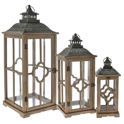 BROWN WOODEN LANTERN SET 3 32Χ32Χ79 24Χ24Χ61 17Χ17Χ43 CM. WITH BLACK METAL ROOFTOP