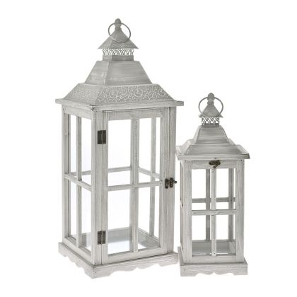 GREY WOODEN LANTERN SET 2 25X25X67 17X17X47 CM. WITH GREY METAL ROOFTOP