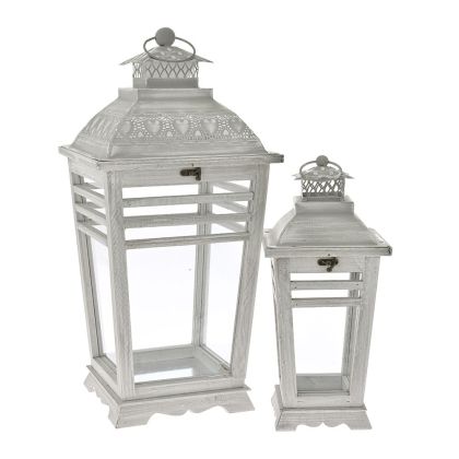 GREY WOODEN LANTERN SET 2 26X26X58 17X17X39 CM. WITH GREY METAL ROOFTOP