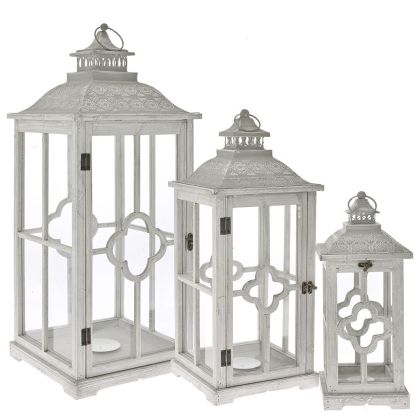 GREY WOODEN LANTERN SET 3 32Χ32Χ79 24Χ24Χ61 17Χ17Χ43 CM. WITH GREY METAL ROOFTOP