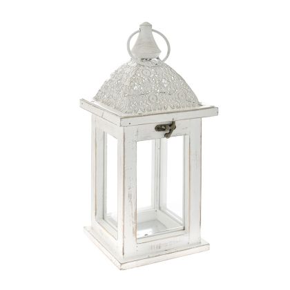 WHITE WOODEN LANTERN 13X13X33 CM