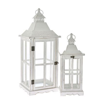 WHITE WOODEN LANTERN SET 2 25X25X67 17X17X47 CM. WITH WHITE METAL ROOFTOP