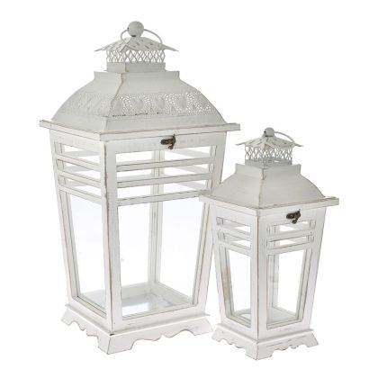 WHITE WOODEN LANTERN SET 2 26X26X58 17X17X39 CM. WITH WHITE METAL ROOFTOP