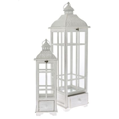 WHITE WOODEN LANTERN SET 2 26X26X91 19X19X60 CM. WITH WHITE METAL ROOFTOP