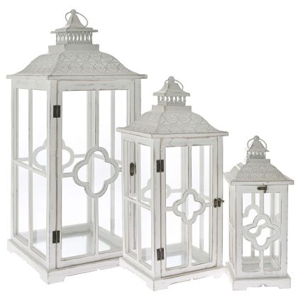 WHITE WOODEN LANTERN SET 3 32Χ32Χ79 24Χ24Χ61 17Χ17Χ43 CM. WITH WHITE METAL ROOFTOP