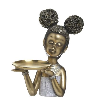 RESIN AFRICAN WOMAN WITH TRAY GOLDEN/WHITE 24X14X30