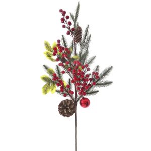  XMAS FROSTED BRANCH W RED BERRIES, BAUBLE AND PINECONES  50CM