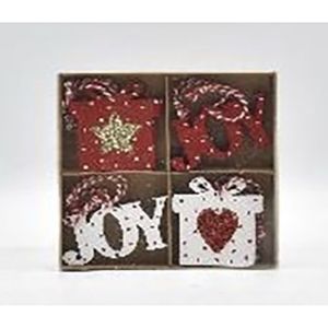  XMAS SET 8 WOODEN JOY GIFT ORNAMENTS IN A BOX 12X12CM