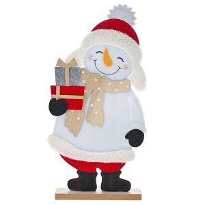  XMAS WHITE FELT SNOWMAN ON WOODEN BASE 24X5X47CM