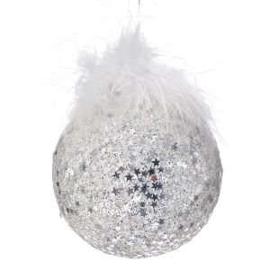  SILVER GLASS BALL WITH FEΑTHERS ORNAMENT 8 CM SET 6