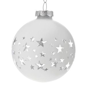  WHITE GLASS BALL ORNAMENT WITH STARS 8 CM SET 6