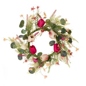 Декоративен венец от розови и бели лалета 55см