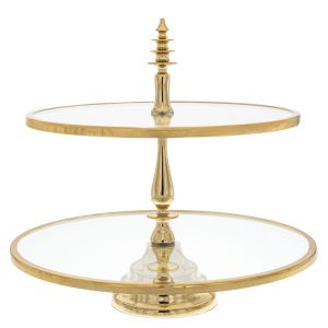 DECO TWO LAYERS ROUND GLASS CAKE STAND IN GOLD BASE D40 35X38CM