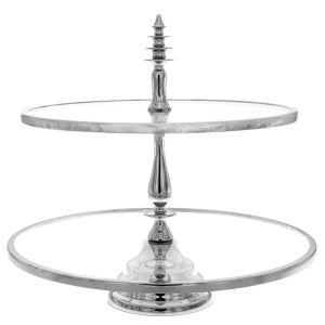 DECO TWO LAYERS ROUND GLASS CAKE STAND IN SILVER BASE D40 35X38CM