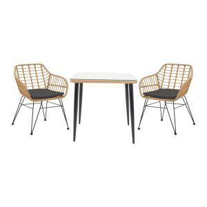 Dining table Naoki set of 3 natural rattan-black metal-glass 80x80x78cm