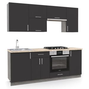 Кухненски комбо о антрацитово и бежово с мраморен вид плот 200x47x84,8см, HM2470.01