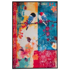 КАРТИНА С ЦВЕТНИ ПТИЦИ 83X123CM С ЧЕРНА РАМКА ВЪРХУ ЩАМПОВАНО КАДИФЕНО ПЛАТНО