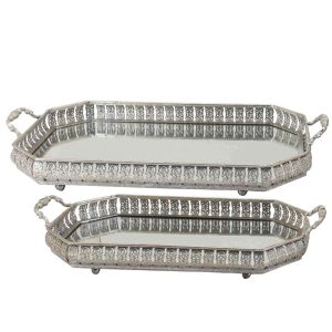 КОМПЛЕКТ МЕТАЛНИ ПОДНОСИ /2 АНТИЧНО СРЕБРО С ДРЪЖКА-ОГЛЕДАЛО - L:58.5x32x8.5, S:52x27.5x8.5cm 2/КУТИЯ