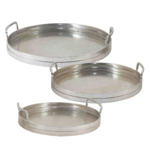КОМПЛЕКТ МЕТАЛНИ ПОДНОСИ /3 КРЪГЛИ АНТИЧНИ СРЕБРИ С ДРЪЖКА - L:45x44x8, M:39.5x39x8, S:35x34x8cm 2/КУТИЯ
