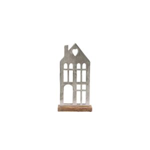 АЛУМИНИЕВА ДЕКОРАТИВНА КЪЩИЧКА С ДЪРВЕНА ОСНОВА СРЕБРИСТ ЦВЯТ 18x5x35cm