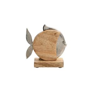АЛУМИНИЕВА ДЕКОРАТИВНА РИБА 747 С ДЪРВЕНА ОСНОВА СРЕБРИСТ ЦВЯТ 15X5X16CM