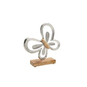 Декорация за маса Butterfly върху дървена основа сребрист цвят, размери 20x5x22см