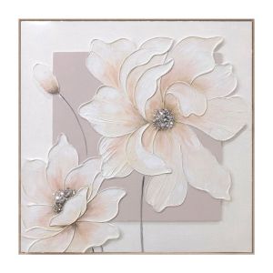 КАРТИНА НА ПЛАТНО 2 ЦВЕТЯ И ПЪПКИ БЯЛО/КАФЯВО В РАМКА - 3D ЕЛЕМЕНТИ - 80x80cm 6/KIB