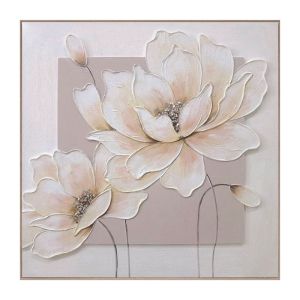 КАРТИНА НА ПЛАТНО 2 ЦВЕТЯ И ПЪПКИ БЯЛО/КАФЯВО В РАМКА - 3D ЕЛЕМЕНТИ - 80x80cm 6/KIB