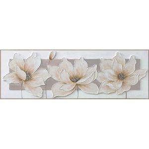 КАРТИНА НА ПЛАТНО 3 ЦВЕТЯ И ПРИЯТЕЛИ БЯЛО/КАФЯВО В РАМКА - 3D ЕЛЕМЕНТИ - 150x50cm 6/KIB