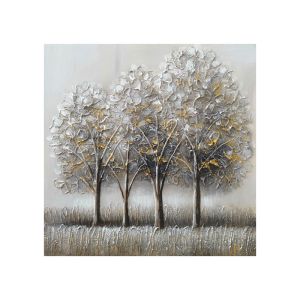 КАРТИНА НА ПЛАТНО 4 ДЪРВЕТА СИВО/ЗЛАТНО В ПОЛЕТО - 3D ЕЛЕМЕНТИ - 60x60cm 10/KIB