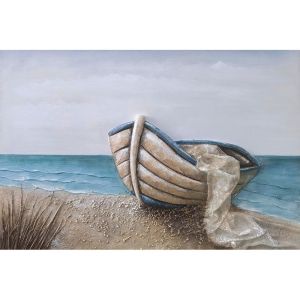 КАРТИНА НА ПЛАТНО ЛОДКА С МРЕЖИ НА БРЯГА - 3D ЕЛЕМЕНТИ - 120x80cm 2/KIB