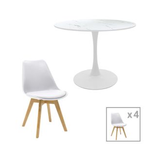 Gaston-Balou I Комплект с трапезна маса от 5 pp-mdf в цвят бял мрамор D120x75cm