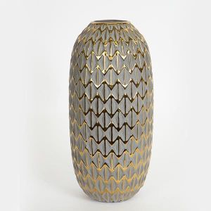 ВАЗА, КЕРАМИКА, СИВО И ЗЛАТНО, 15,5x15,5x32,5 см