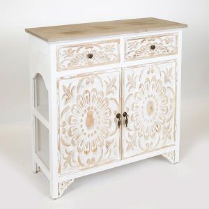 ВИНТИДЖ ШКАФ, ДЪРВО, АНТИЧНО БЯЛО, 2 ВРАТИ, 2 ЧЕКМЕДЖЕТА, , 80x32x78см