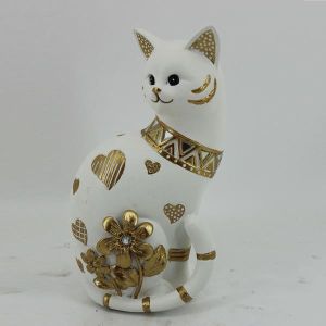 ДЕКОРАТИВНА КОТКА СЪС СЪРЦА И ЦВЕТЯ, БЯЛО И ЗЛАТНО 10x7x17.5cm