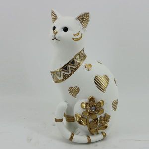 ДЕКОРАТИВНА КОТКА СЪС СЪРЦА И ЦВЕТЯ, БЯЛО И ЗЛАТНО 11,5x8x21cm