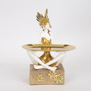 ДЕКОРАТИВНА СКУЛПТУРА, СМОЛА, ЖЕНСКА С МАСКА И ДИСК, БЯЛО-ЗЛАТО, 16,5x13x31cm