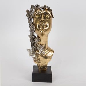 ДЕКОРАТИВНА СКУЛПТУРА, СМОЛА, ЖЕНСКА С ПЕПЕРУДИ И ЦВЕТЯ, ЗЛАТИСТА-ЧЕРНО-СРЕБРИСТА, 16.5x13x40cm
