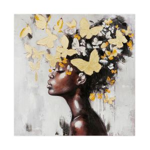 КАРТИНА ЖЕНА С ПЕПЕРУДИ КАФЯВО-ЖЪЛТО-ЧЕРНО-СИВО 100X3X100CM