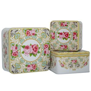 КОМПЛЕКТ 3 ДЕКО МЕТАЛНА КВАДРАТНА КУТИЯ С ЦВЕТЯ 17X17X9 14X14X8 12X12X7CM