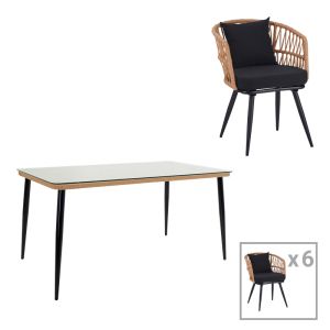 Комплект трапезна маса Naoki 7 бр метал черен-пе естествено стъкло 160x90x78см